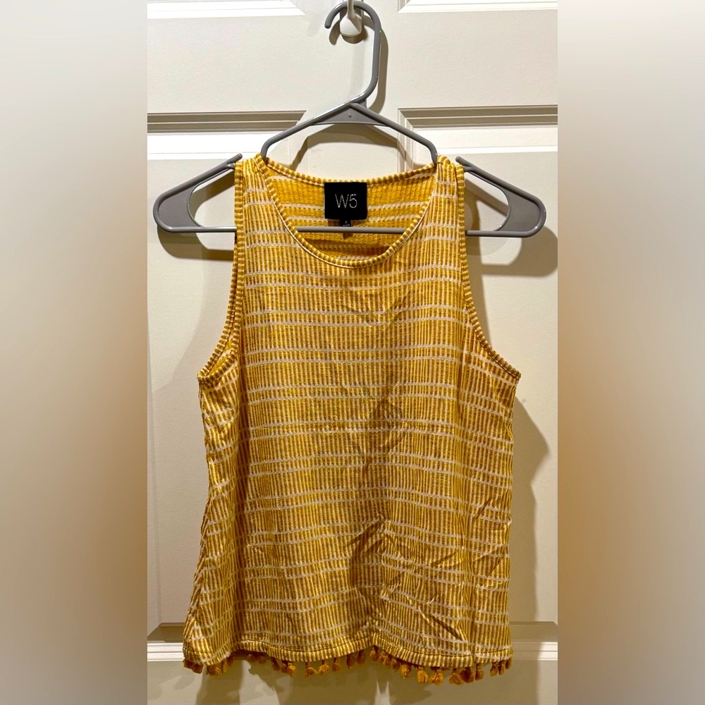 W5 Embroidered Yellow Sleeveless Top with Fringe